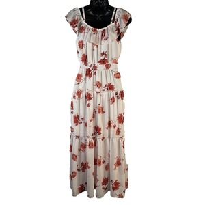 Beautees Women's Midi Dress White Floral Sz 14 Off Shoulder Elastic Waist Tiered